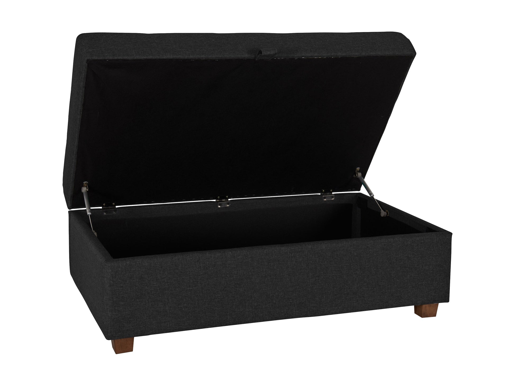 Dark grey large storage ottoman with tufted top, soft fabric upholstery, and spacious interior storage compartment. Ideal for living room, bedroom, or entryway as a stylish and functional furniture piece.