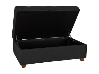 Dark grey large storage ottoman with tufted top, soft fabric upholstery, and spacious interior storage compartment. Ideal for living room, bedroom, or entryway as a stylish and functional furniture piece.