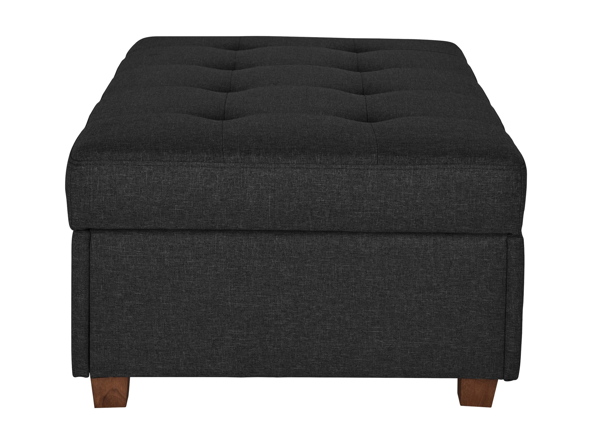 Dark grey large storage ottoman with tufted top, soft fabric upholstery, and spacious interior storage compartment. Ideal for living room, bedroom, or entryway as a stylish and functional furniture piece.