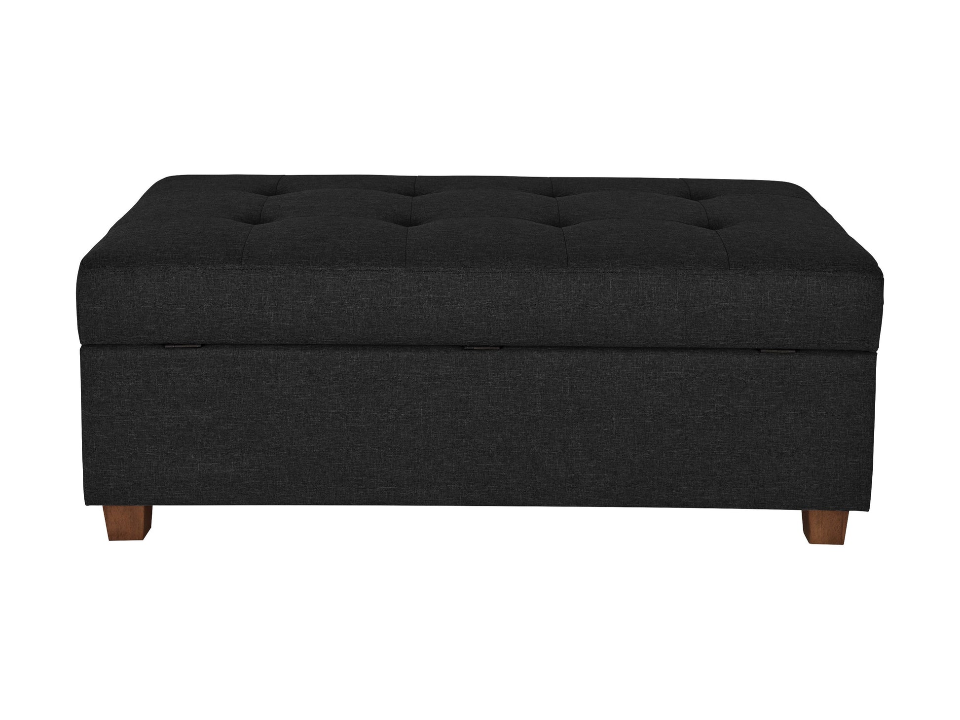 Dark grey large storage ottoman with tufted top, soft fabric upholstery, and spacious interior storage compartment. Ideal for living room, bedroom, or entryway as a stylish and functional furniture piece.