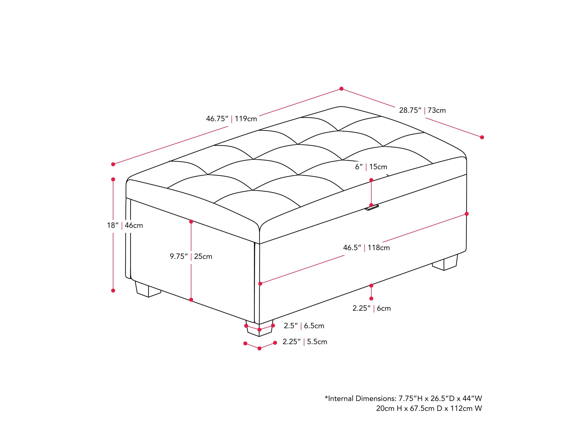 Black vegan leather storage ottoman with tufted top, square shape, and hidden compartment for extra storage.