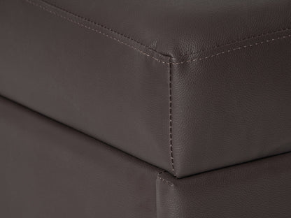 Brown vegan leather storage ottoman with tufted top, rectangular shape, and hidden storage compartment. Ideal for living rooms or bedrooms, offering both style and functionality.