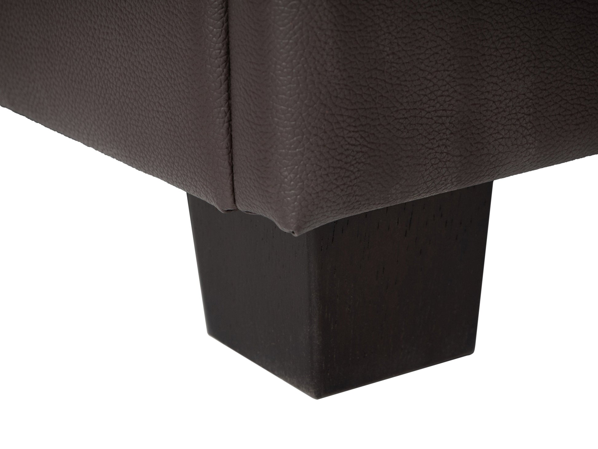 Brown vegan leather storage ottoman with tufted top, rectangular shape, and hidden storage compartment. Ideal for living rooms or bedrooms, offering both style and functionality.