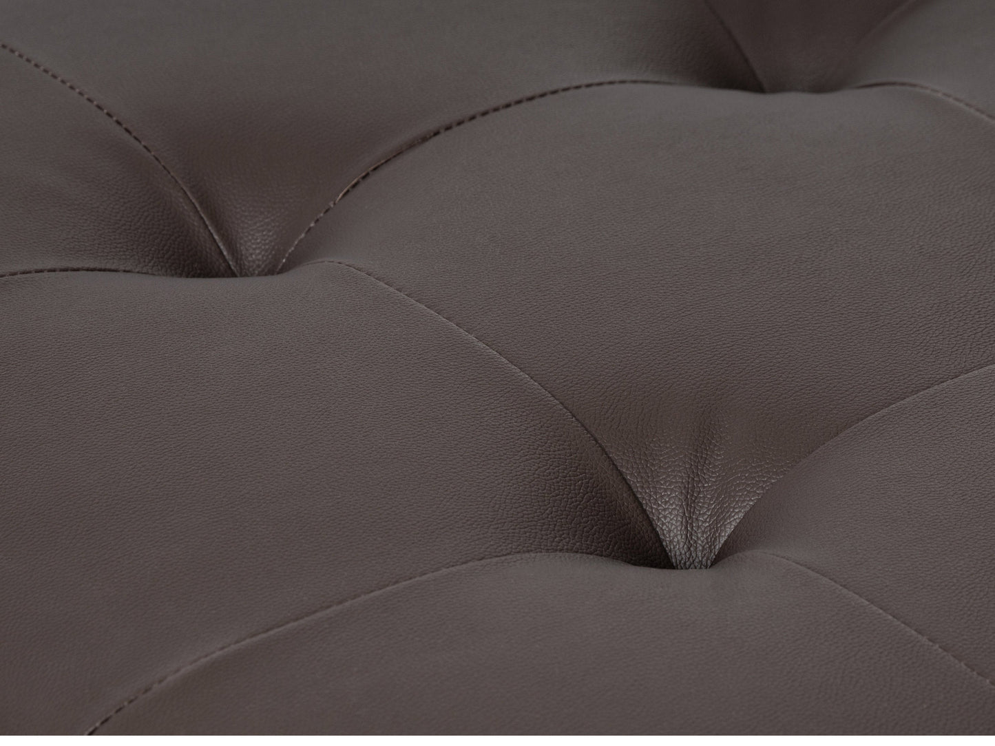 Brown vegan leather storage ottoman with tufted top, rectangular shape, and hidden storage compartment. Ideal for living rooms or bedrooms, offering both style and functionality.