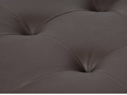 Brown vegan leather storage ottoman with tufted top, rectangular shape, and hidden storage compartment. Ideal for living rooms or bedrooms, offering both style and functionality.