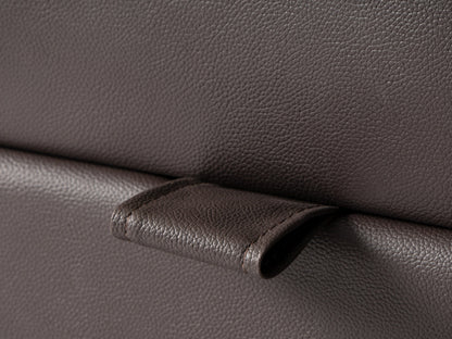 Brown vegan leather storage ottoman with tufted top, rectangular shape, and hidden storage compartment. Ideal for living rooms or bedrooms, offering both style and functionality.