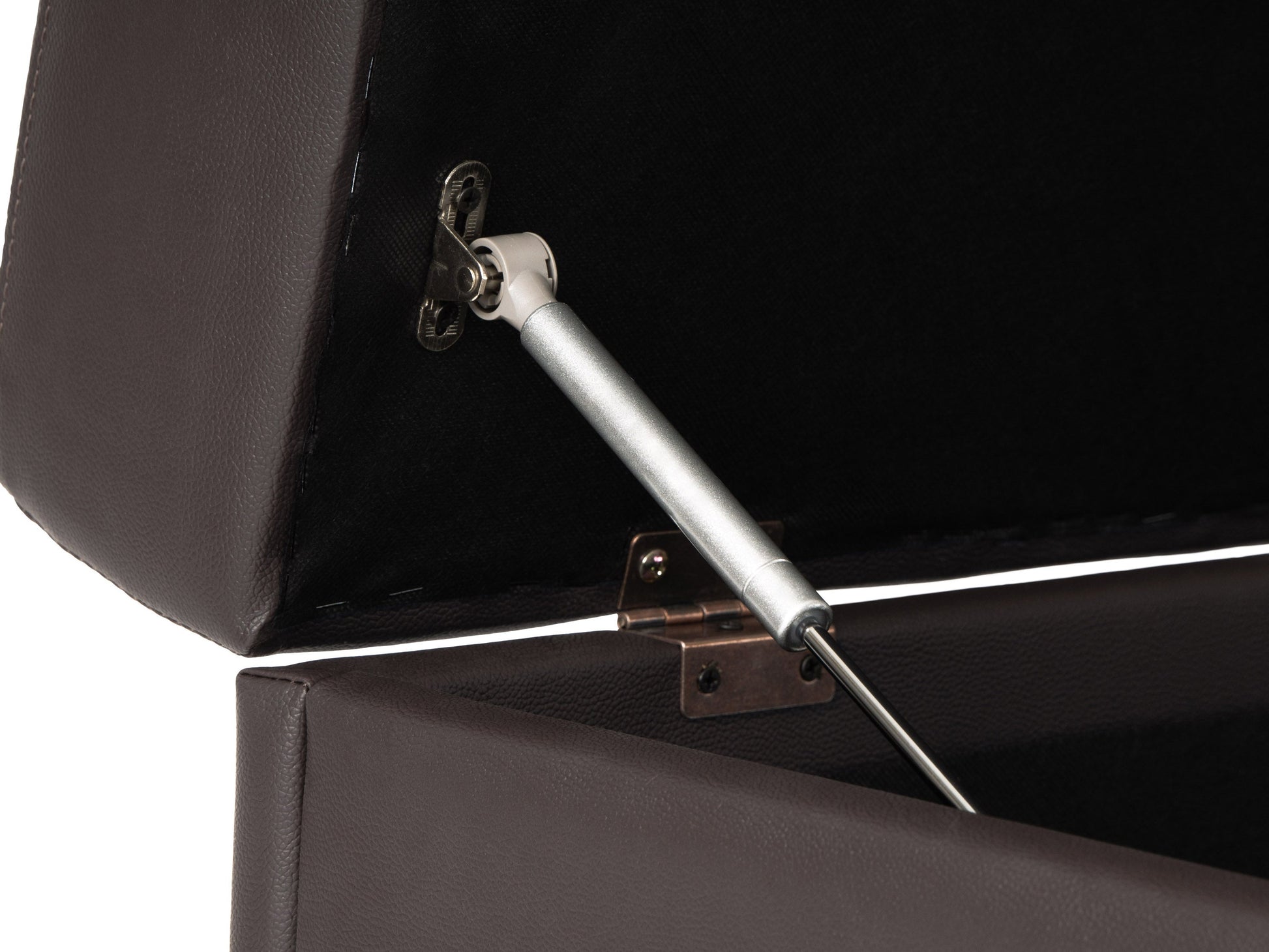 Brown vegan leather storage ottoman with tufted top, rectangular shape, and hidden storage compartment. Ideal for living rooms or bedrooms, offering both style and functionality.