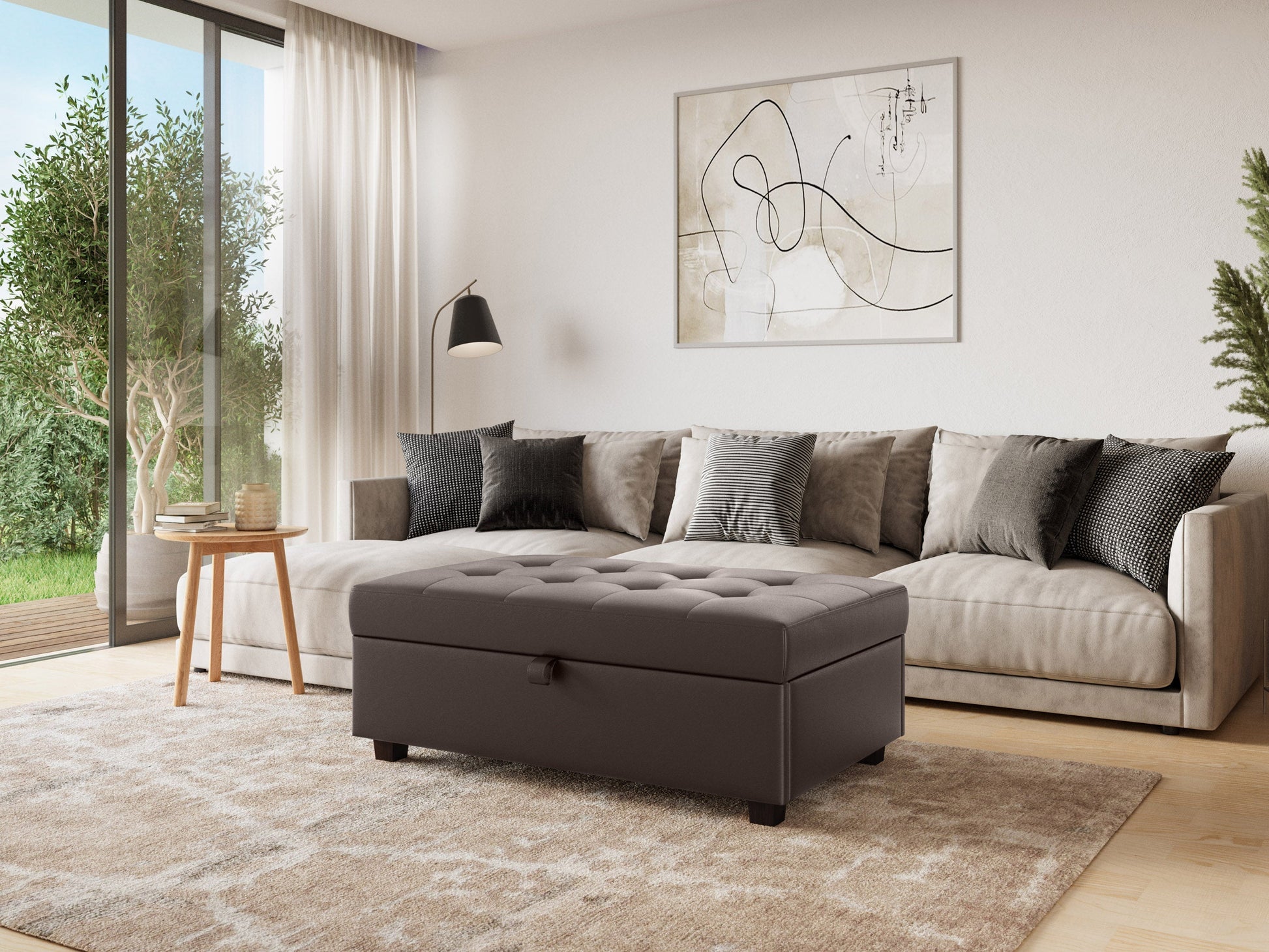 Brown vegan leather storage ottoman with tufted top, rectangular shape, and hidden storage compartment. Ideal for living rooms or bedrooms, offering both style and functionality.