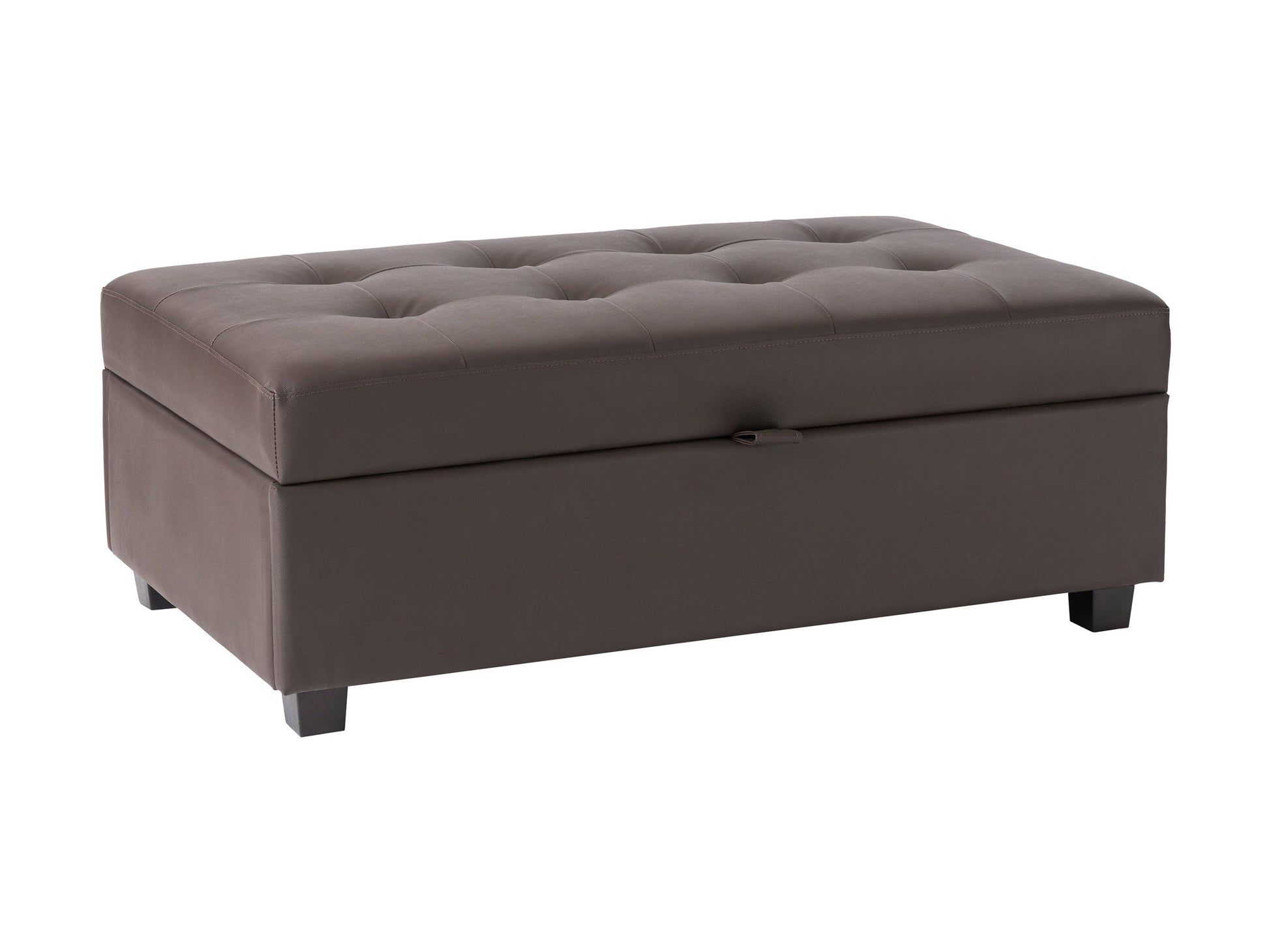 Brown vegan leather storage ottoman with tufted top, rectangular shape, and hidden storage compartment. Ideal for living rooms or bedrooms, offering both style and functionality.