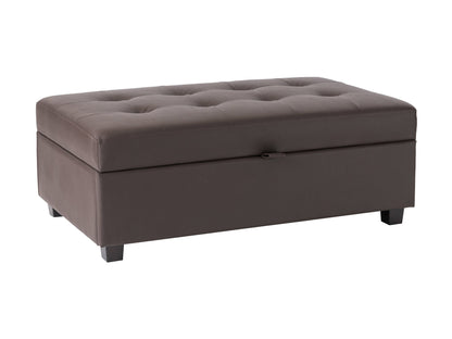 Brown vegan leather storage ottoman with tufted top, rectangular shape, and hidden storage compartment. Ideal for living rooms or bedrooms, offering both style and functionality.
