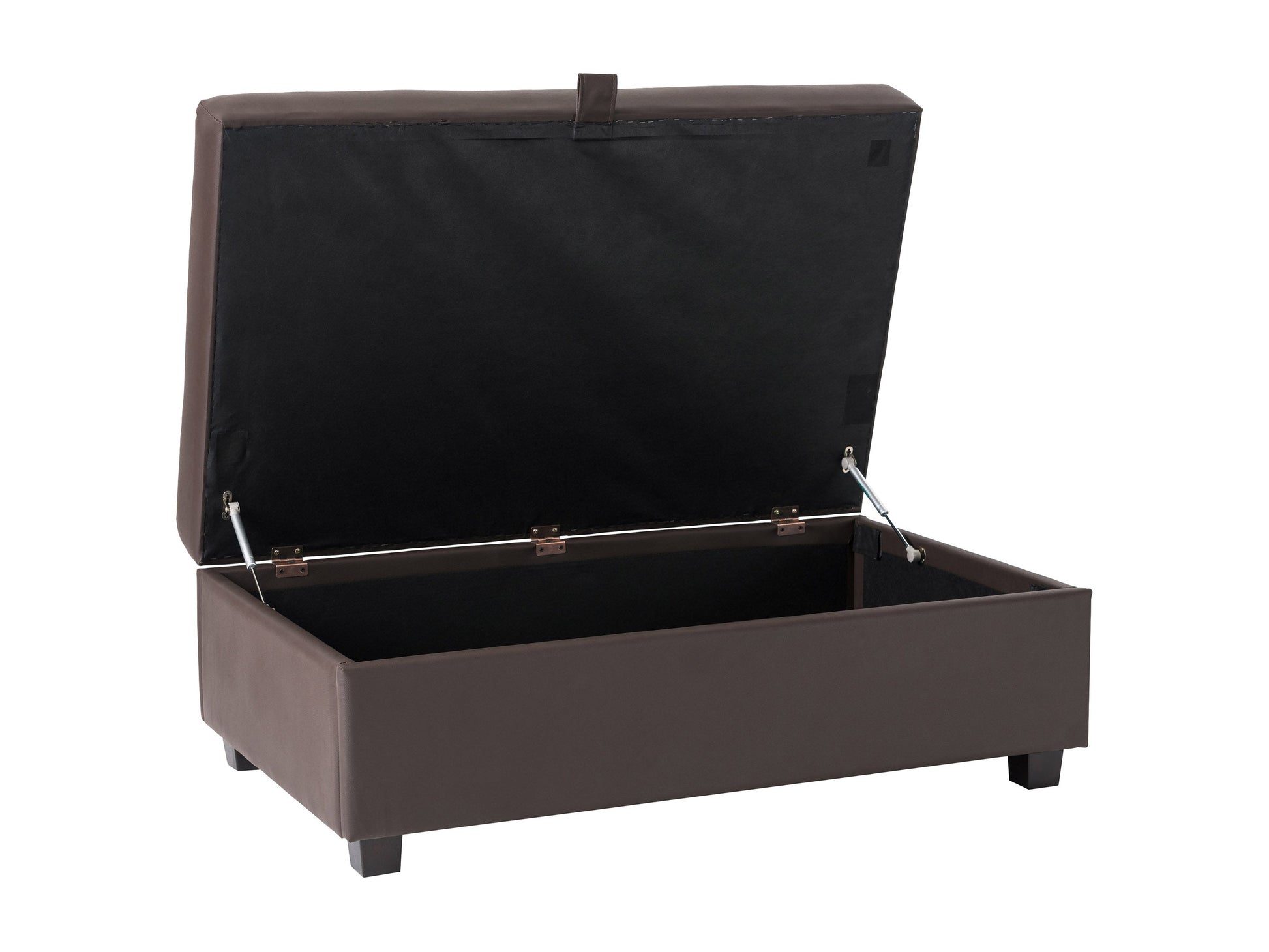 Brown vegan leather storage ottoman with tufted top, rectangular shape, and hidden storage compartment. Ideal for living rooms or bedrooms, offering both style and functionality.