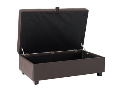 Brown vegan leather storage ottoman with tufted top, rectangular shape, and hidden storage compartment. Ideal for living rooms or bedrooms, offering both style and functionality.