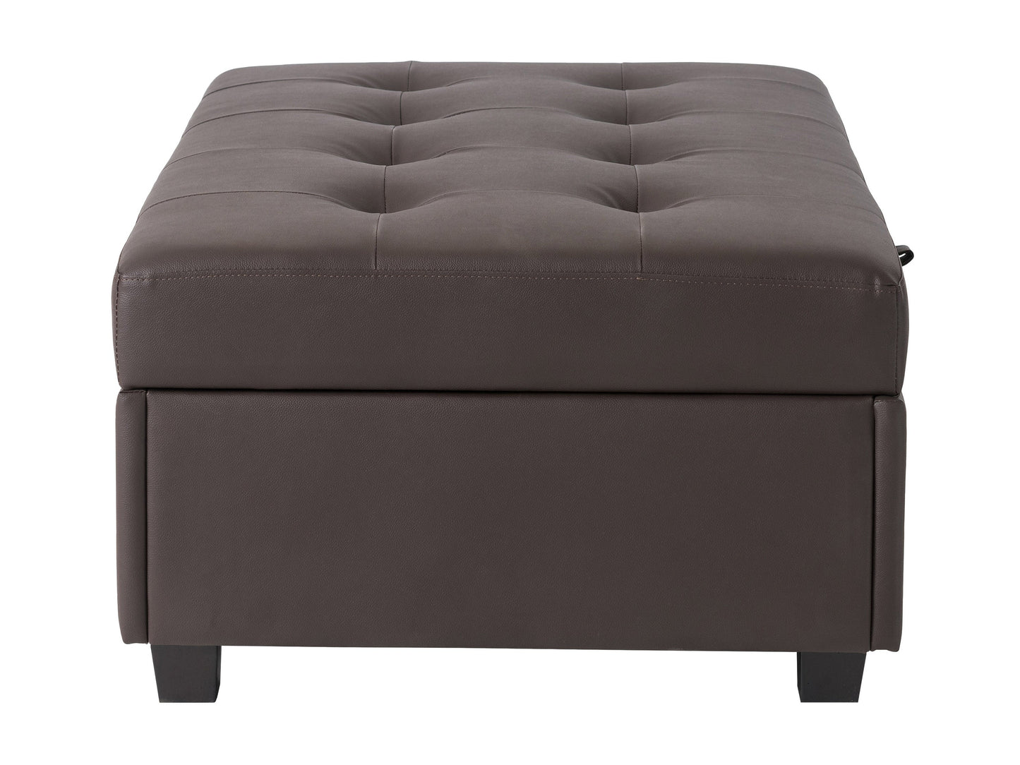 Brown vegan leather storage ottoman with tufted top, rectangular shape, and hidden storage compartment. Ideal for living rooms or bedrooms, offering both style and functionality.