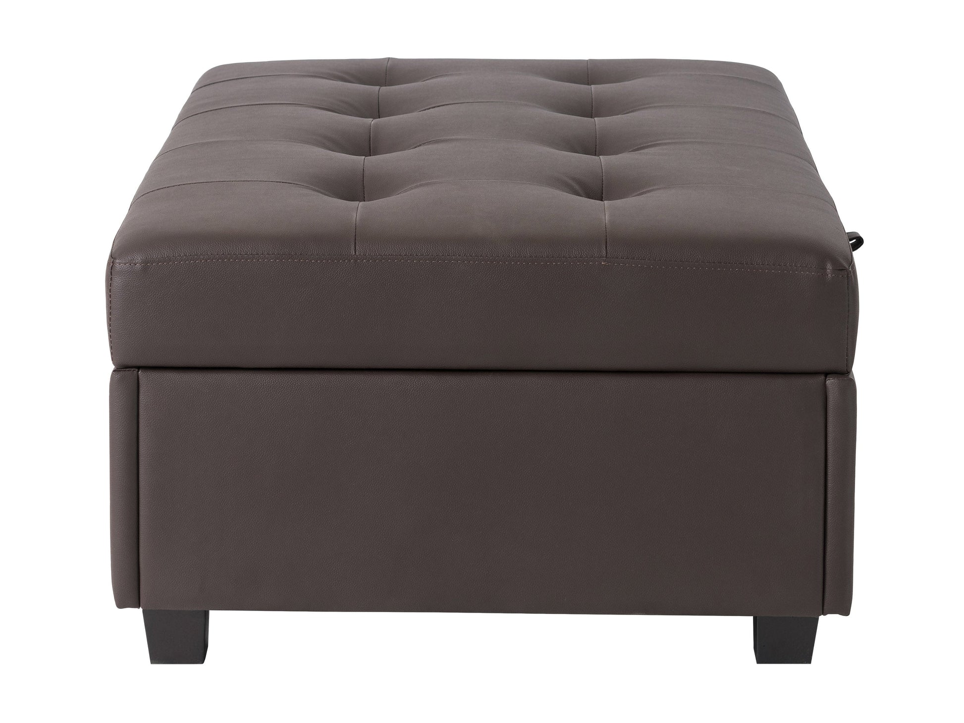 Brown vegan leather storage ottoman with tufted top, rectangular shape, and hidden storage compartment. Ideal for living rooms or bedrooms, offering both style and functionality.