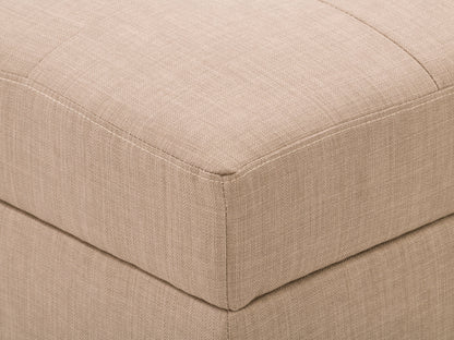 Tufted storage ottoman in light grey fabric with button-tufted top, wooden legs in dark finish, and hidden compartment for storage. Ideal for living room seating and organization.