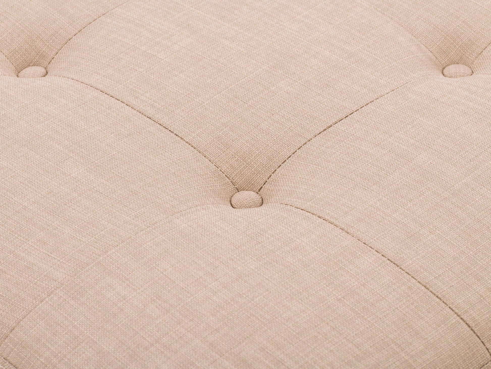 Beige tufted storage ottoman with wooden legs, featuring a soft fabric texture and button-tufted design, perfect for living room or bedroom decor.