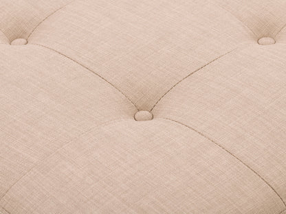 Beige tufted storage ottoman with wooden legs, featuring a soft fabric texture and button-tufted design, perfect for living room or bedroom decor.
