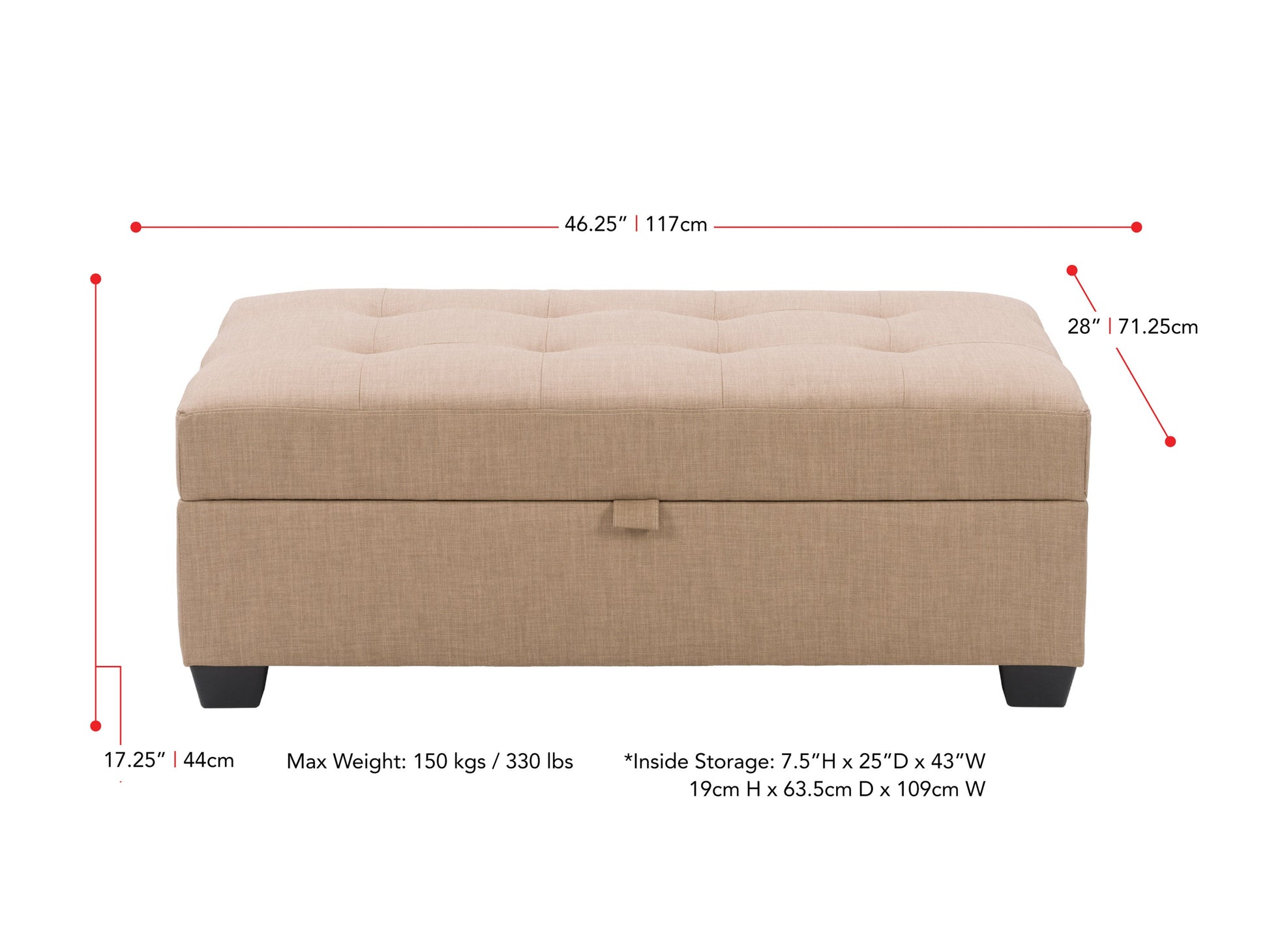 Tufted storage ottoman with dark brown leather upholstery, button-tufted top, and wooden legs. Features a spacious interior for storage and elegant design ideal for living rooms or bedrooms.