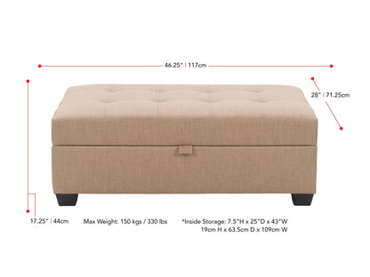 Tufted storage ottoman with dark brown leather upholstery, button-tufted top, and wooden legs. Features a spacious interior for storage and elegant design ideal for living rooms or bedrooms.