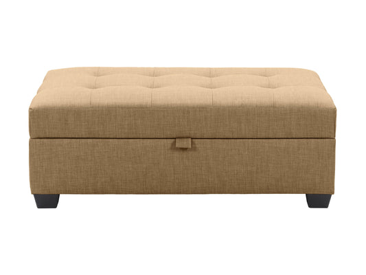 Beige tufted storage bench ottoman with wooden legs, soft fabric upholstery, and button-tufted detailing. Ideal for living rooms or bedrooms, offering both seating and hidden storage.