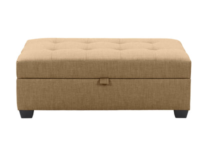 Beige tufted storage bench ottoman with wooden legs, soft fabric upholstery, and button-tufted detailing. Ideal for living rooms or bedrooms, offering both seating and hidden storage.