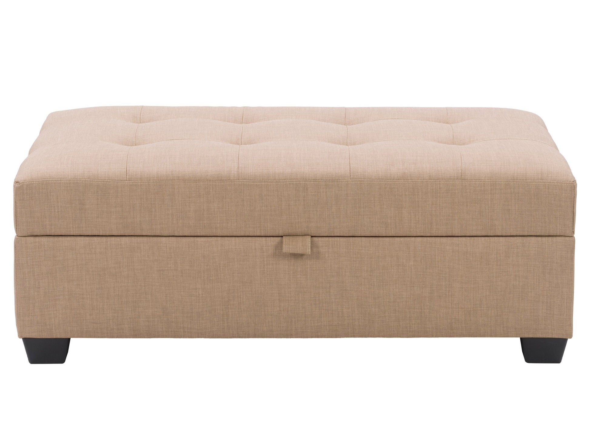 Tufted storage ottoman with beige fabric, button-tufted top, wooden legs, and hidden storage compartment. Ideal for living rooms and bedrooms, this versatile piece combines style and functionality.