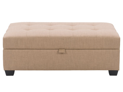 Tufted storage ottoman with beige fabric, button-tufted top, wooden legs, and hidden storage compartment. Ideal for living rooms and bedrooms, this versatile piece combines style and functionality.