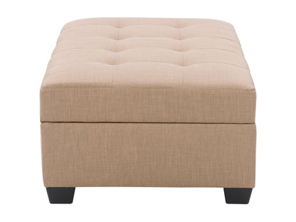 Gray tufted storage ottoman with button detailing, upholstered in soft fabric, featuring a sturdy wooden frame and spacious interior storage. Ideal for living rooms or bedrooms, blending style and functionality.