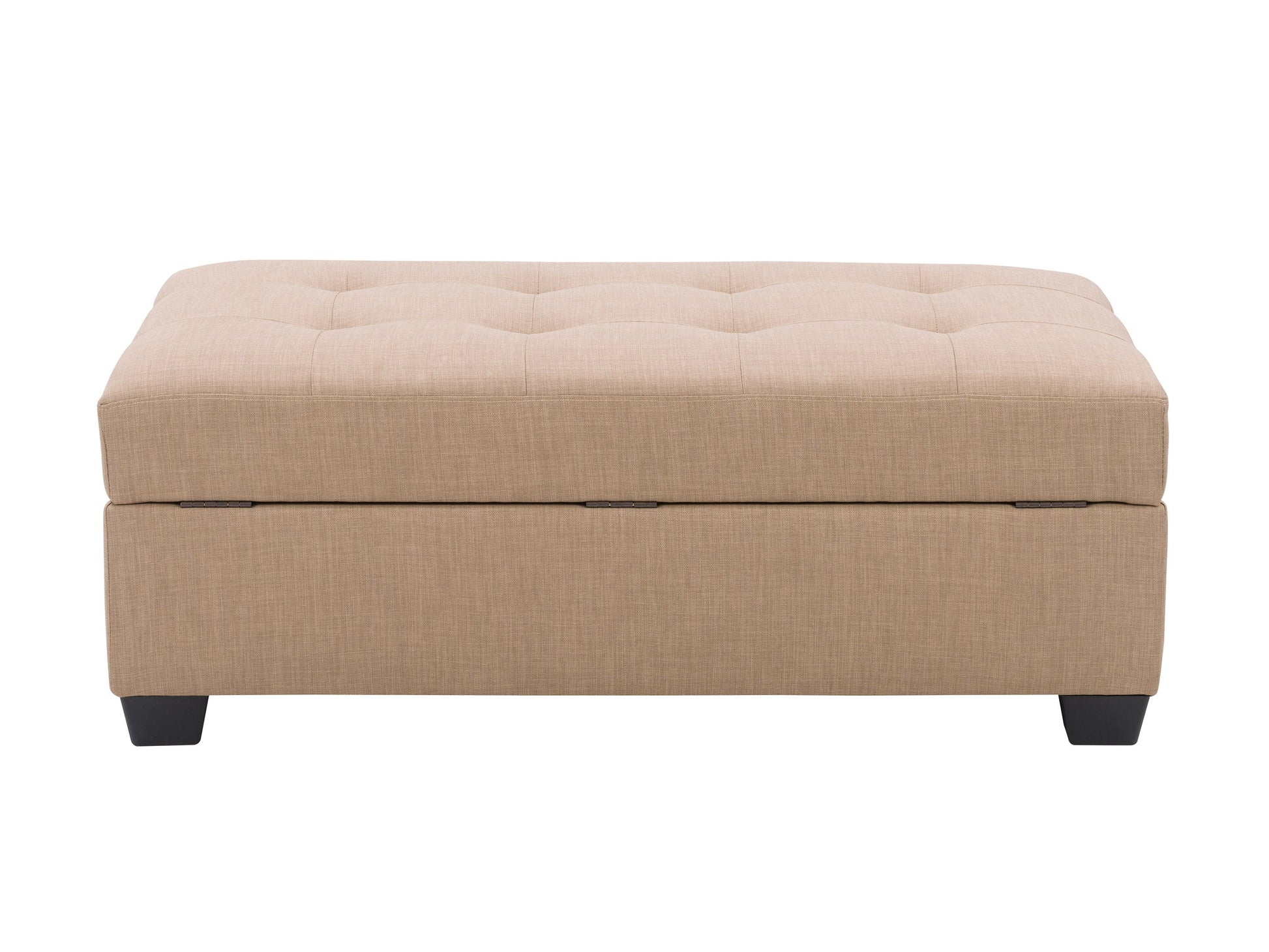 Gray tufted storage ottoman with wooden legs, featuring a soft fabric exterior and button-tufted top, ideal for living room or bedroom storage solutions.