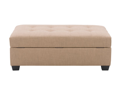 Gray tufted storage ottoman with wooden legs, featuring a soft fabric exterior and button-tufted top, ideal for living room or bedroom storage solutions.