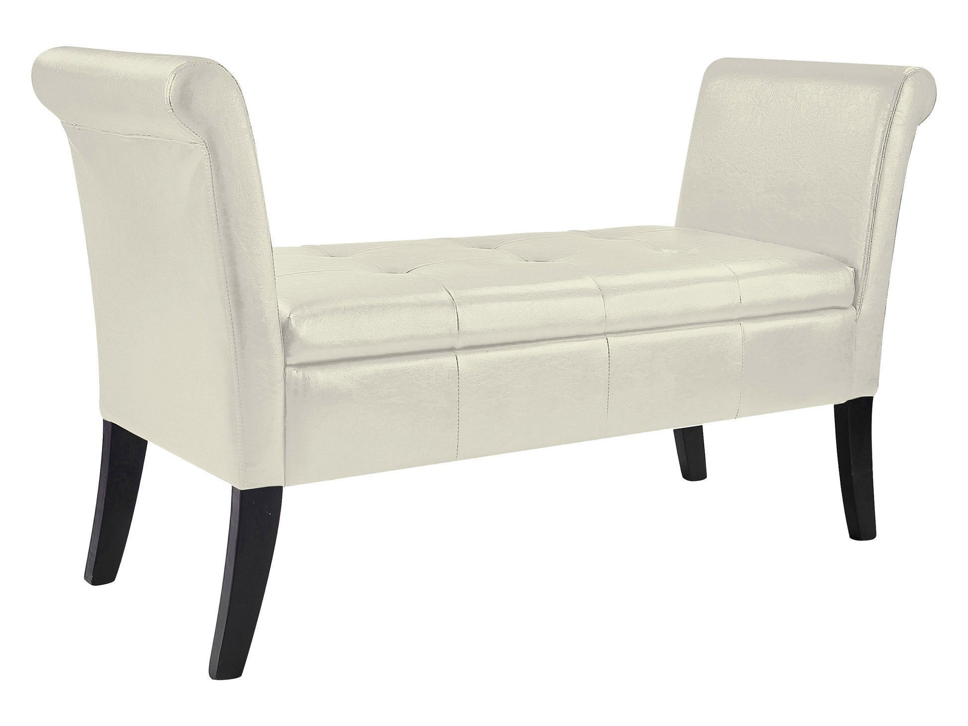 White storage bench with arms, featuring a cushioned seat, wooden frame, and under-seat storage compartment. Ideal for entryways or bedrooms, combining style and functionality.