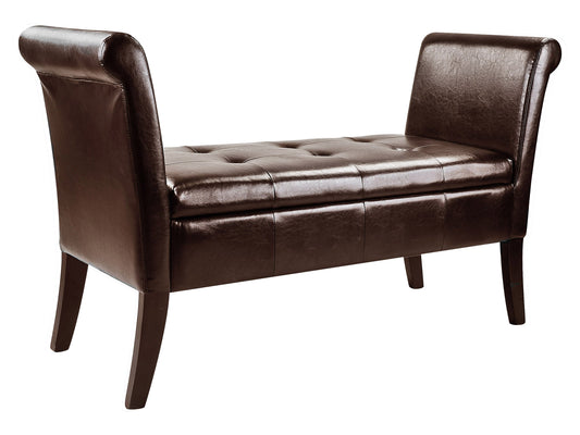 Dark brown wooden storage bench with arms, featuring a cushioned seat, slatted backrest, and spacious storage compartment beneath the seat. Ideal for entryways or living rooms.