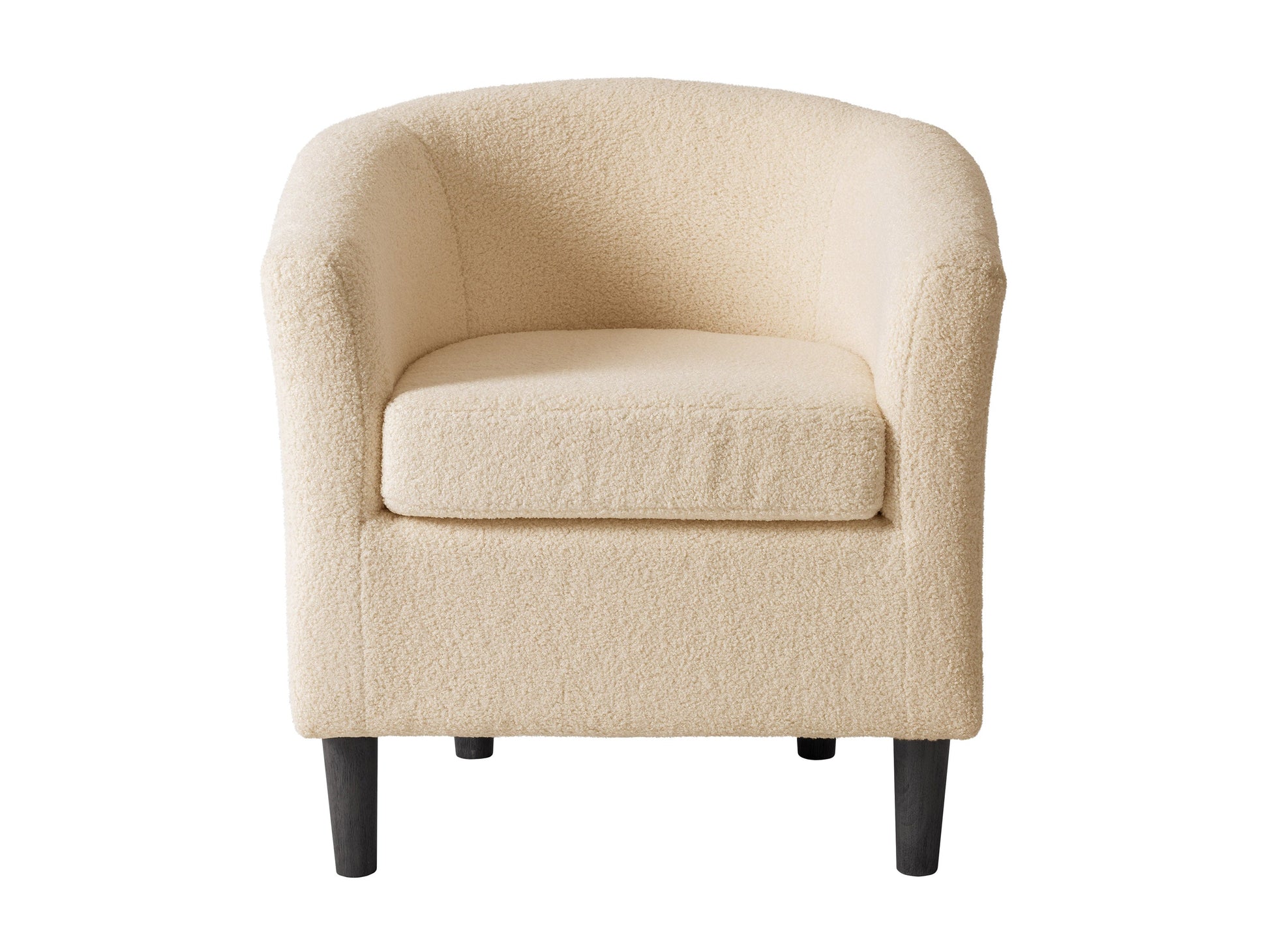 Cream boucle barrel accent chair with curved backrest, plush texture, and wooden legs. Chair features a modern design, perfect for living rooms or reading nooks.