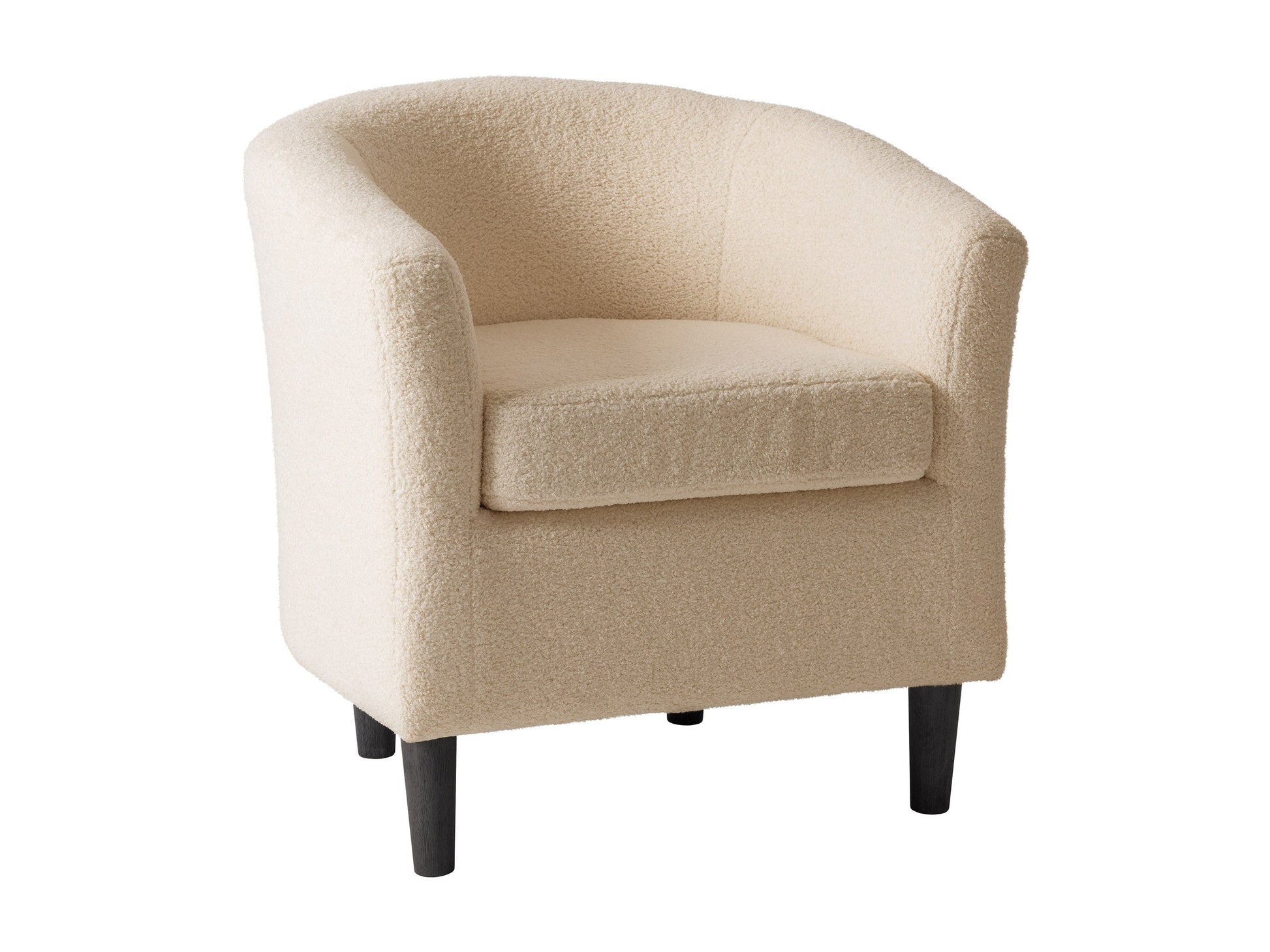 Cream boucle barrel accent chair with curved backrest, plush texture, and wooden legs. Chair features a modern design, perfect for living rooms or reading nooks.