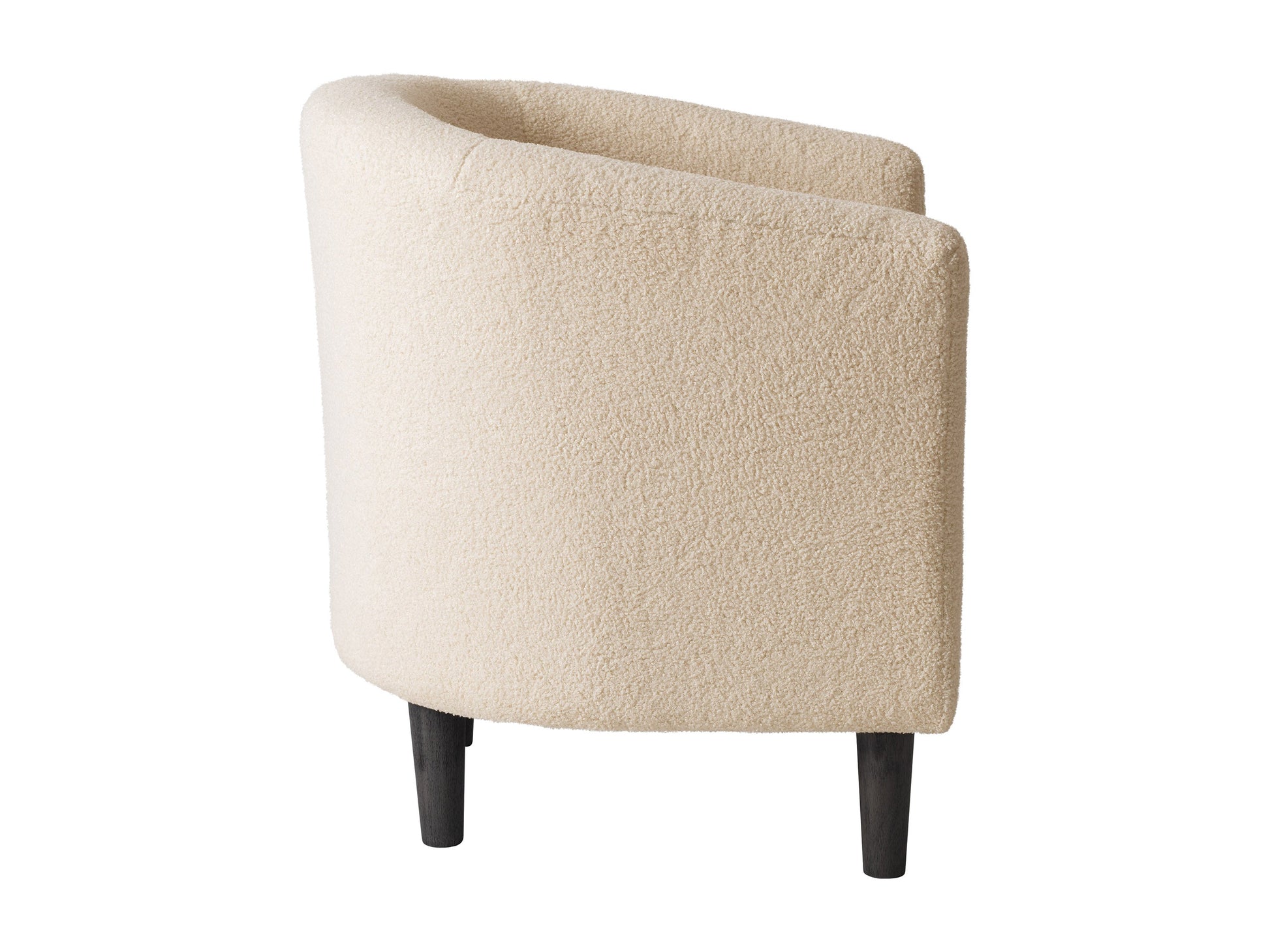 Cream boucle barrel accent chair with curved backrest, plush texture, and wooden legs. Chair features a modern design, perfect for living rooms or reading nooks.