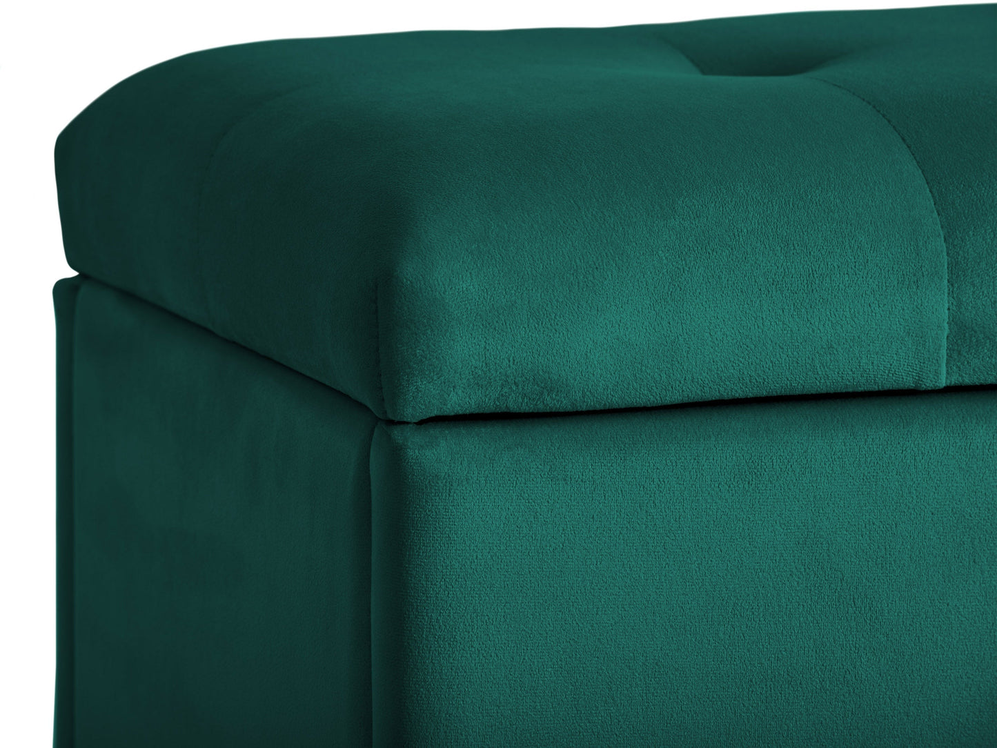 Green velvet ottoman with storage compartment, featuring a plush, tufted top and sleek gold legs, perfect for adding a touch of elegance and functionality to any living room or bedroom.