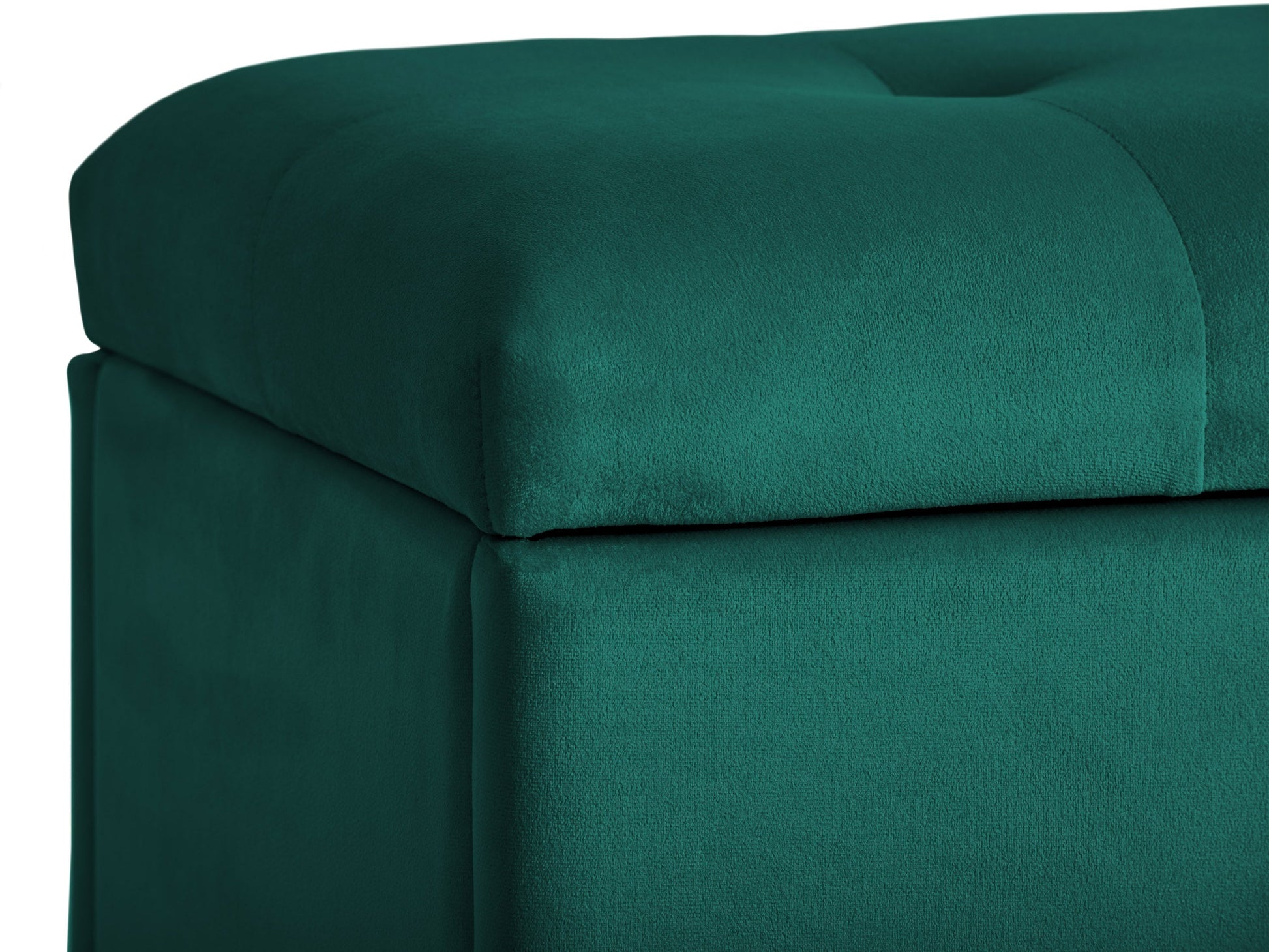 Green velvet ottoman with storage compartment, featuring a plush, tufted top and sleek gold legs, perfect for adding a touch of elegance and functionality to any living room or bedroom.