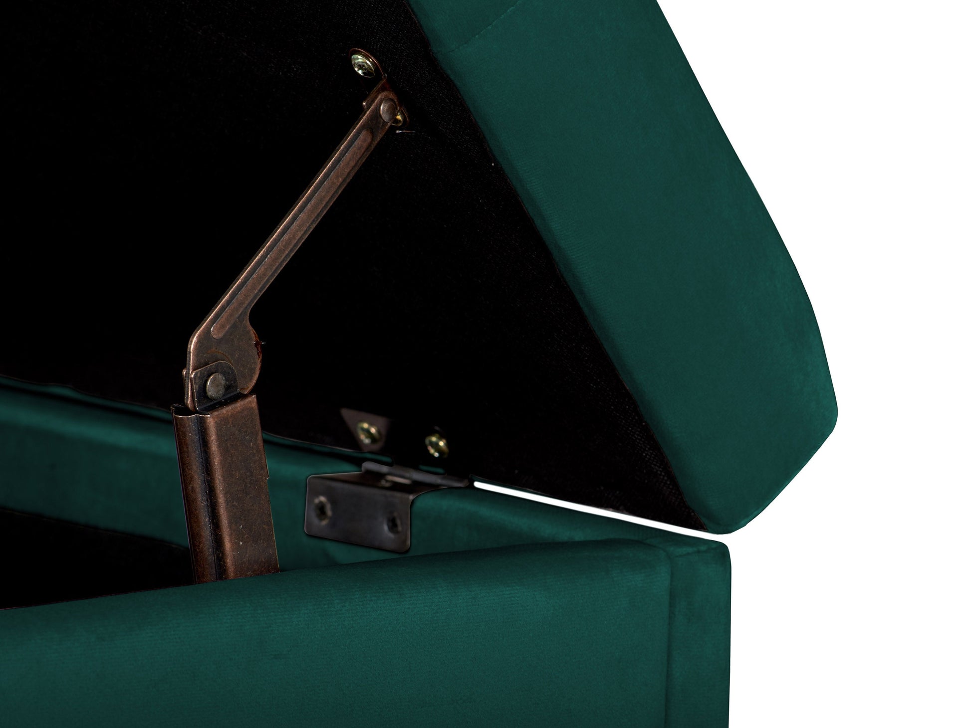 Green velvet ottoman with storage compartment, featuring a plush, tufted top and sleek gold legs, perfect for adding a touch of elegance and functionality to any living room or bedroom.