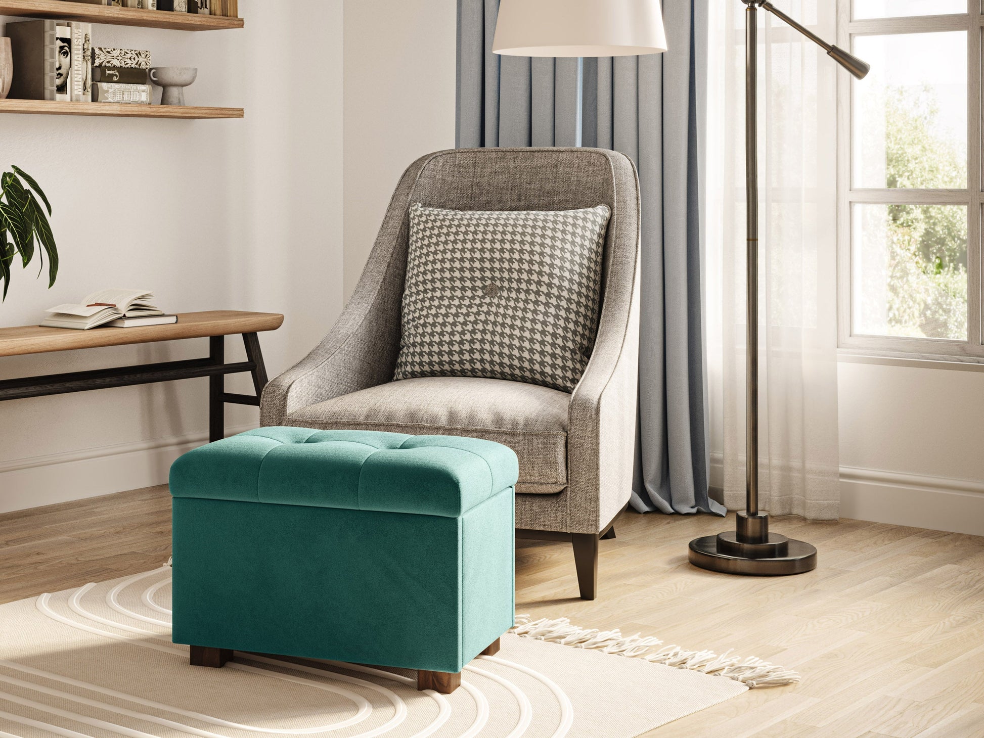 Green velvet ottoman with storage compartment, featuring a plush, tufted top and sleek gold legs, perfect for adding a touch of elegance and functionality to any living room or bedroom.