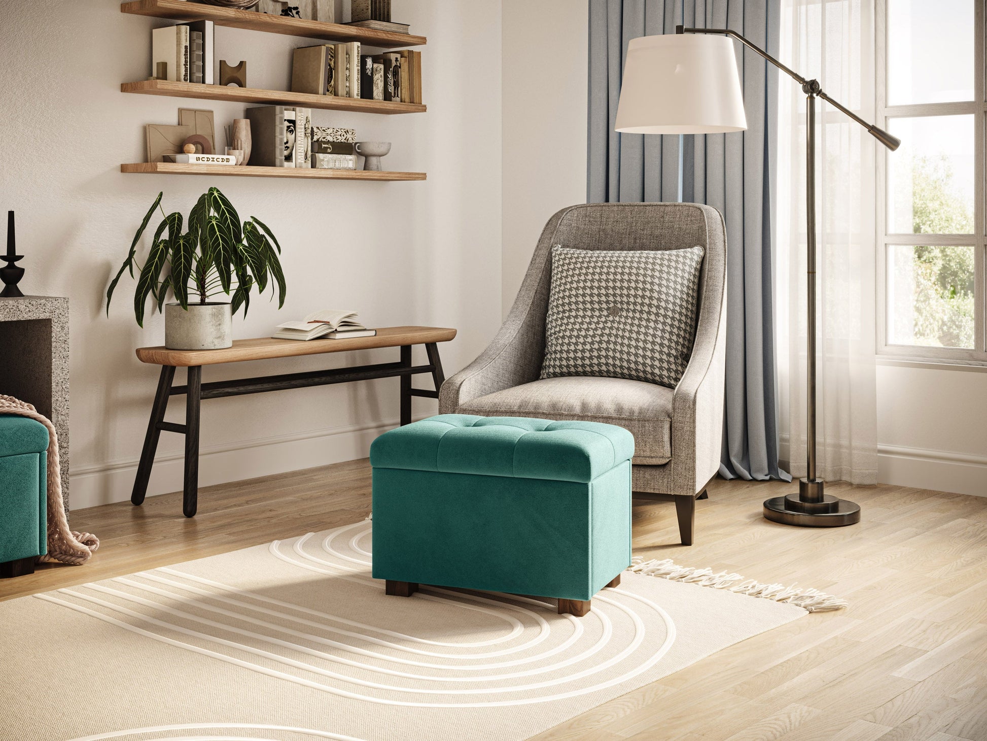 Green velvet ottoman with storage compartment, featuring a plush, tufted top and sleek gold legs, perfect for adding a touch of elegance and functionality to any living room or bedroom.