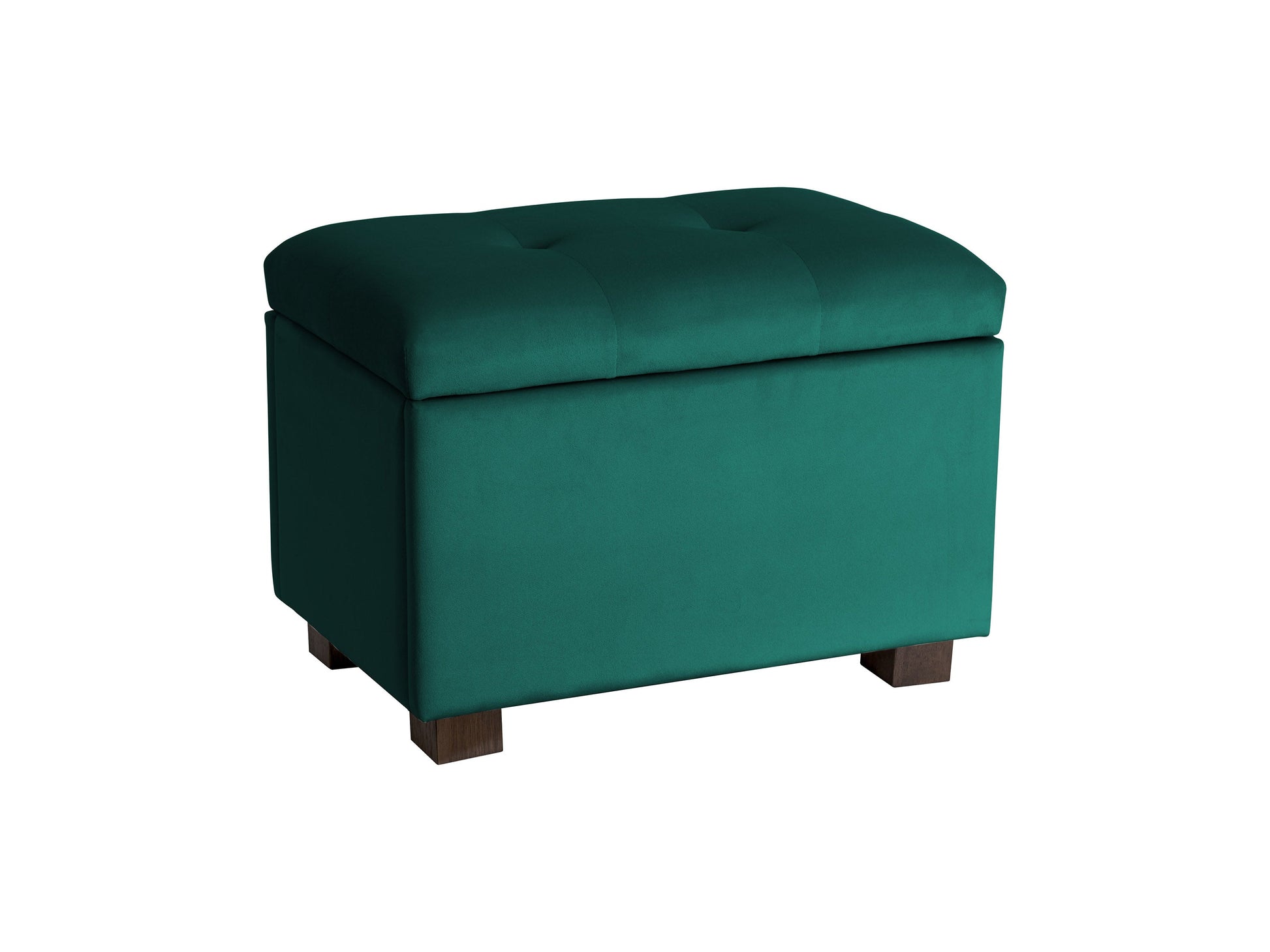 Green velvet ottoman with storage compartment, featuring a plush, tufted top and sleek gold legs, perfect for adding a touch of elegance and functionality to any living room or bedroom.