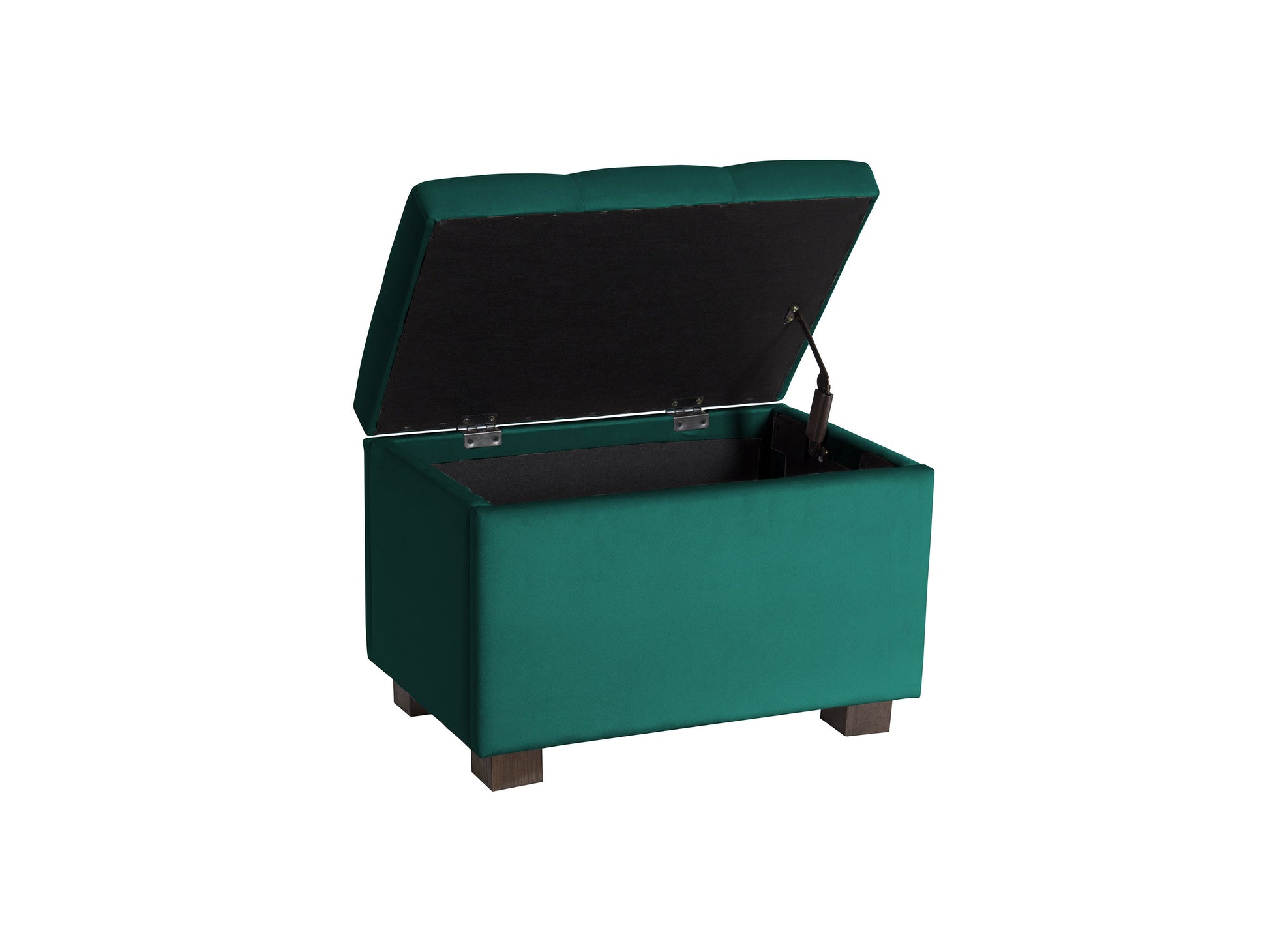 Green velvet ottoman with storage compartment, featuring a plush, tufted top and sleek gold legs, perfect for adding a touch of elegance and functionality to any living room or bedroom.