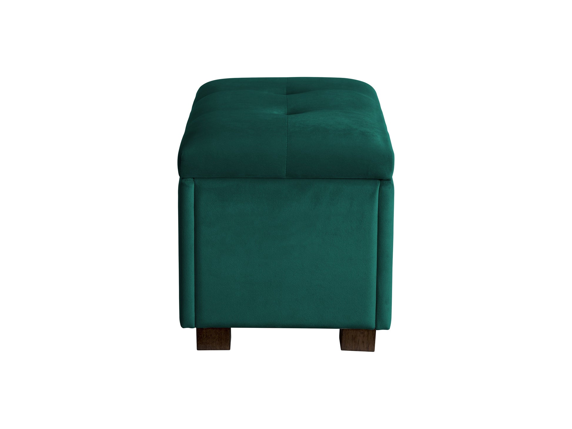 Green velvet ottoman with storage compartment, featuring a plush, tufted top and sleek gold legs, perfect for adding a touch of elegance and functionality to any living room or bedroom.