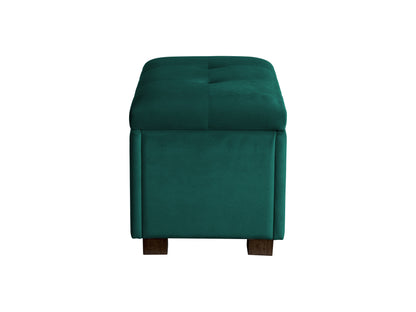 Green velvet ottoman with storage compartment, featuring a plush, tufted top and sleek gold legs, perfect for adding a touch of elegance and functionality to any living room or bedroom.