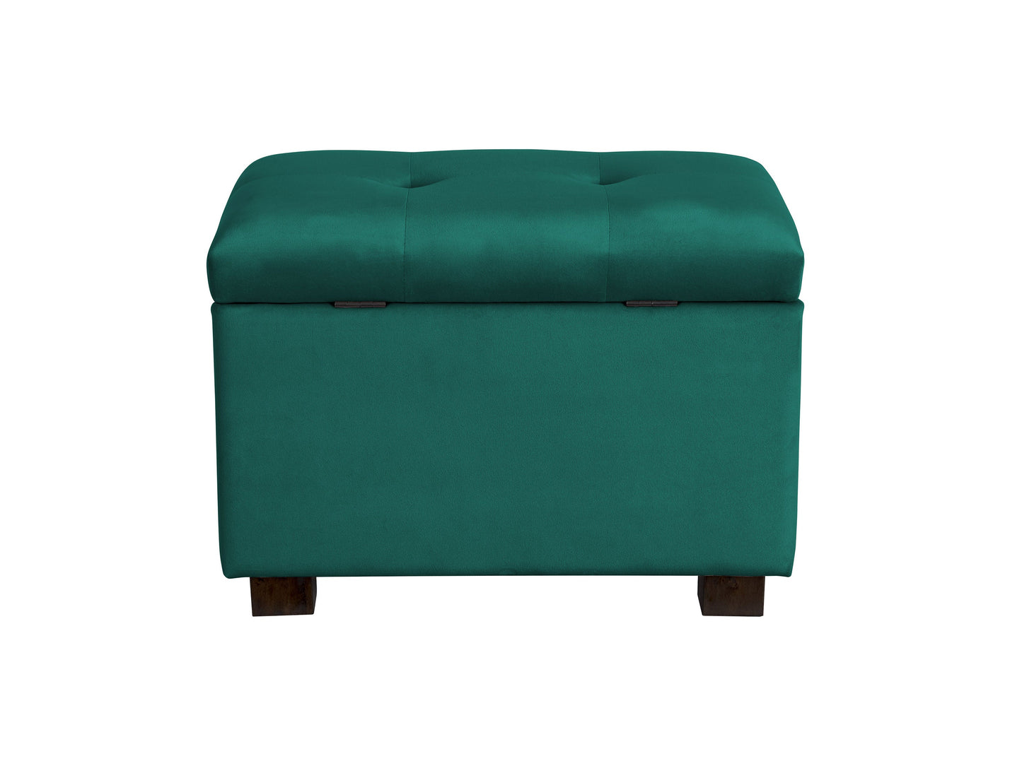 Green velvet ottoman with storage compartment, featuring a plush, tufted top and sleek gold legs, perfect for adding a touch of elegance and functionality to any living room or bedroom.