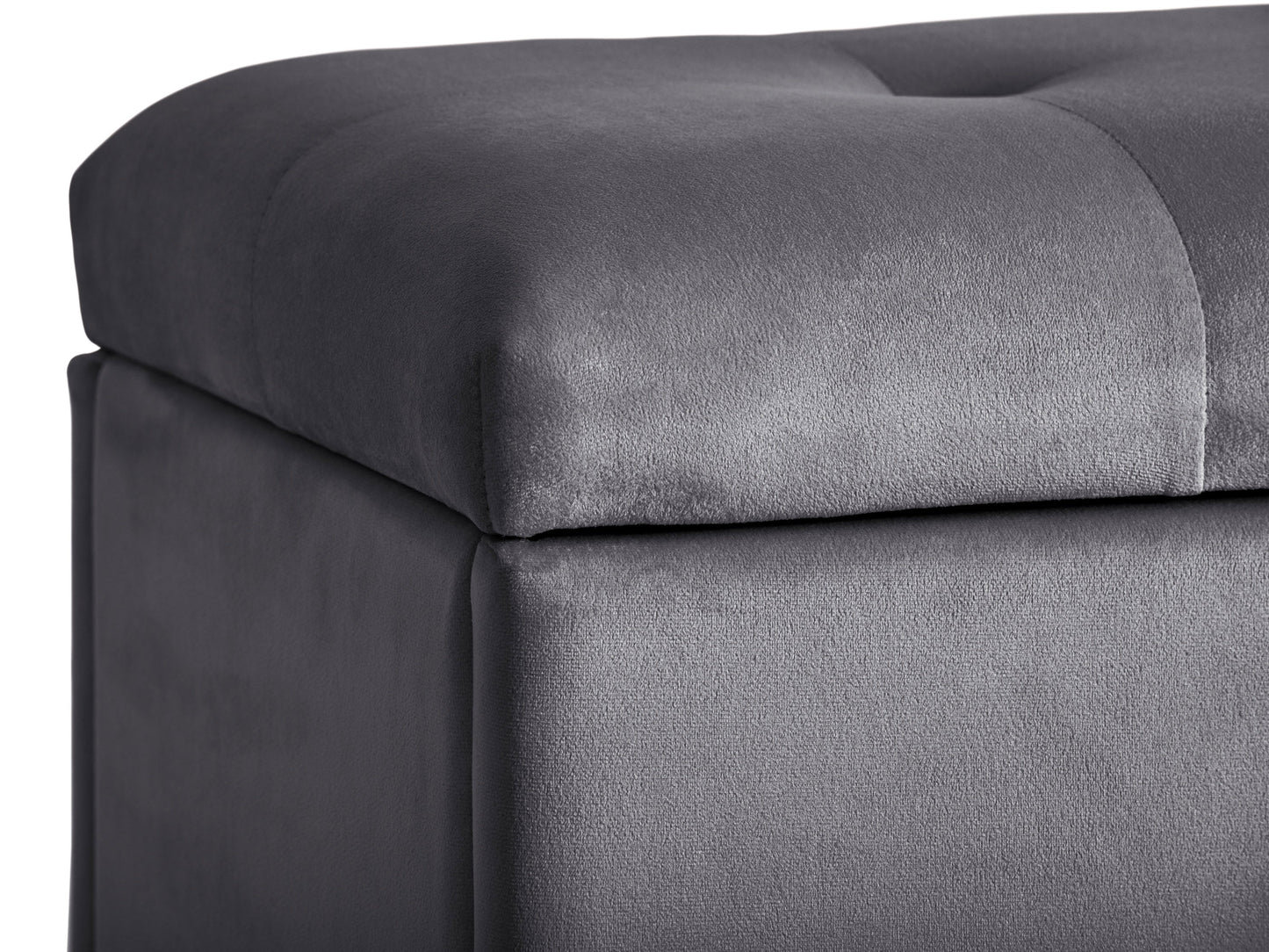 Grey velvet ottoman with storage, tufted design, soft texture, and modern style. Perfect for living room or bedroom, providing extra seating and hidden storage space.