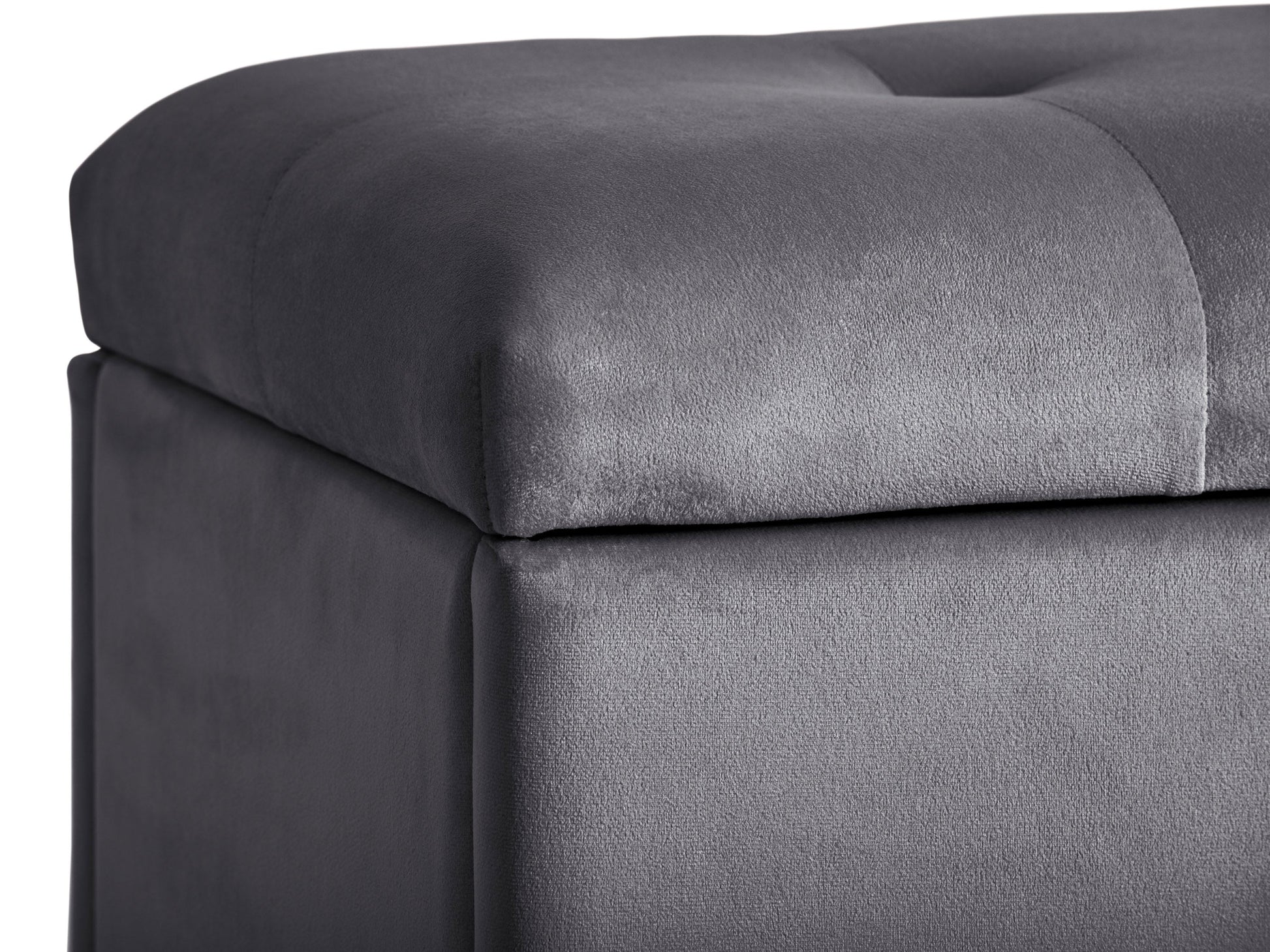 Grey velvet ottoman with storage, tufted design, soft texture, and modern style. Perfect for living room or bedroom, providing extra seating and hidden storage space.