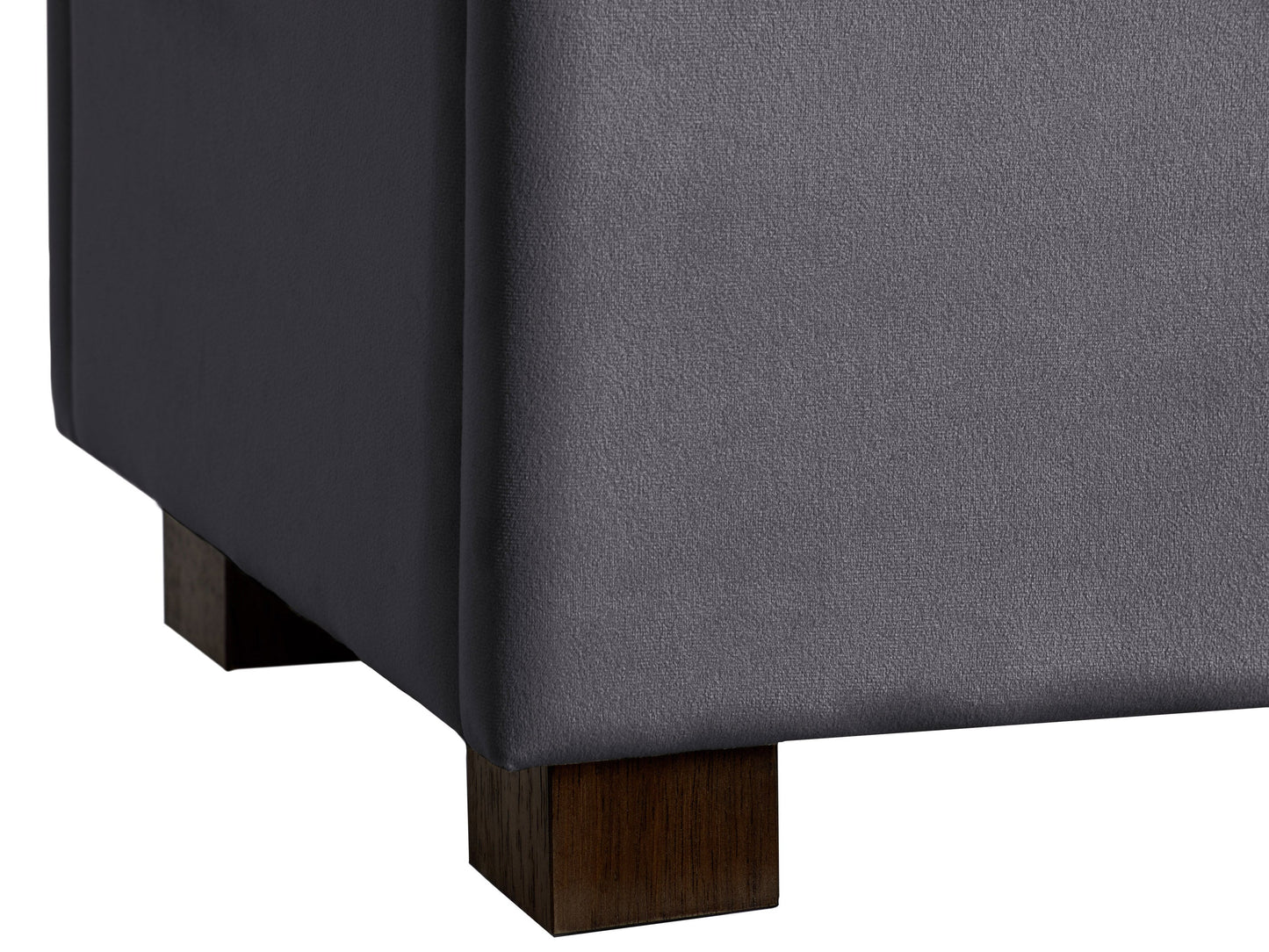 Grey velvet ottoman with storage, tufted design, soft texture, and modern style. Perfect for living room or bedroom, providing extra seating and hidden storage space.