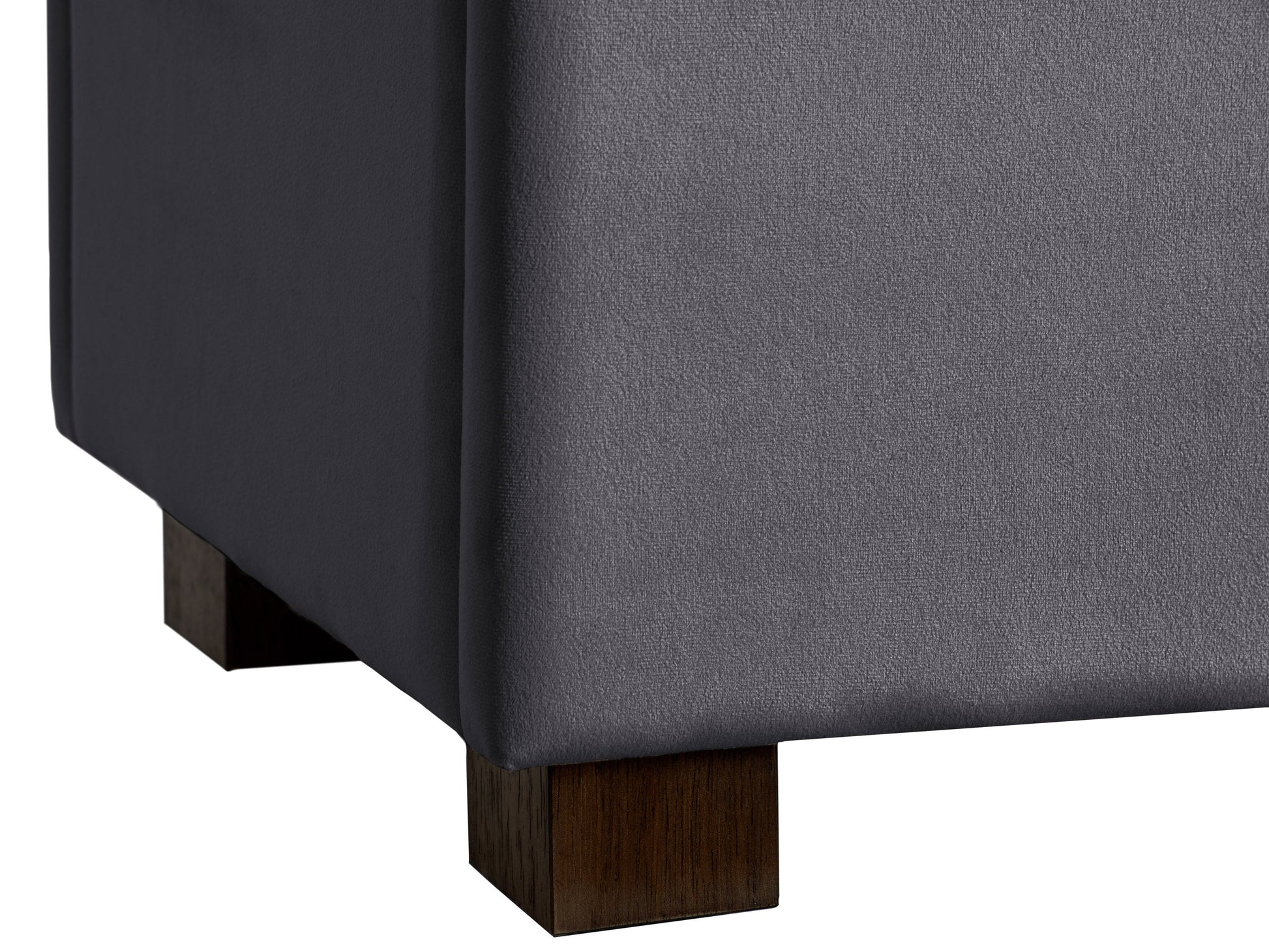 Grey velvet ottoman with storage, tufted design, soft texture, and modern style. Perfect for living room or bedroom, providing extra seating and hidden storage space.