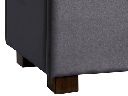 Grey velvet ottoman with storage, tufted design, soft texture, and modern style. Perfect for living room or bedroom, providing extra seating and hidden storage space.